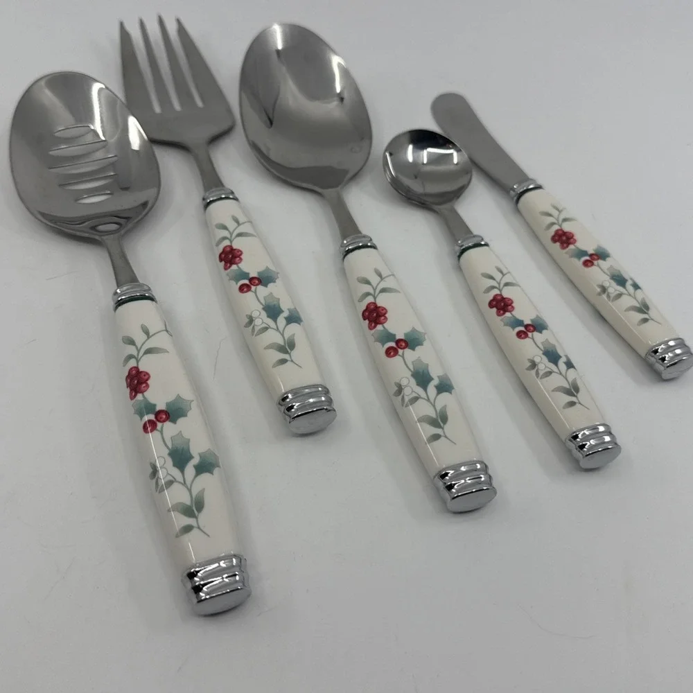 Pfaltzgraff Winterberry Hostess Serving Utensil Set 5 Pc White Handle Holly Berr